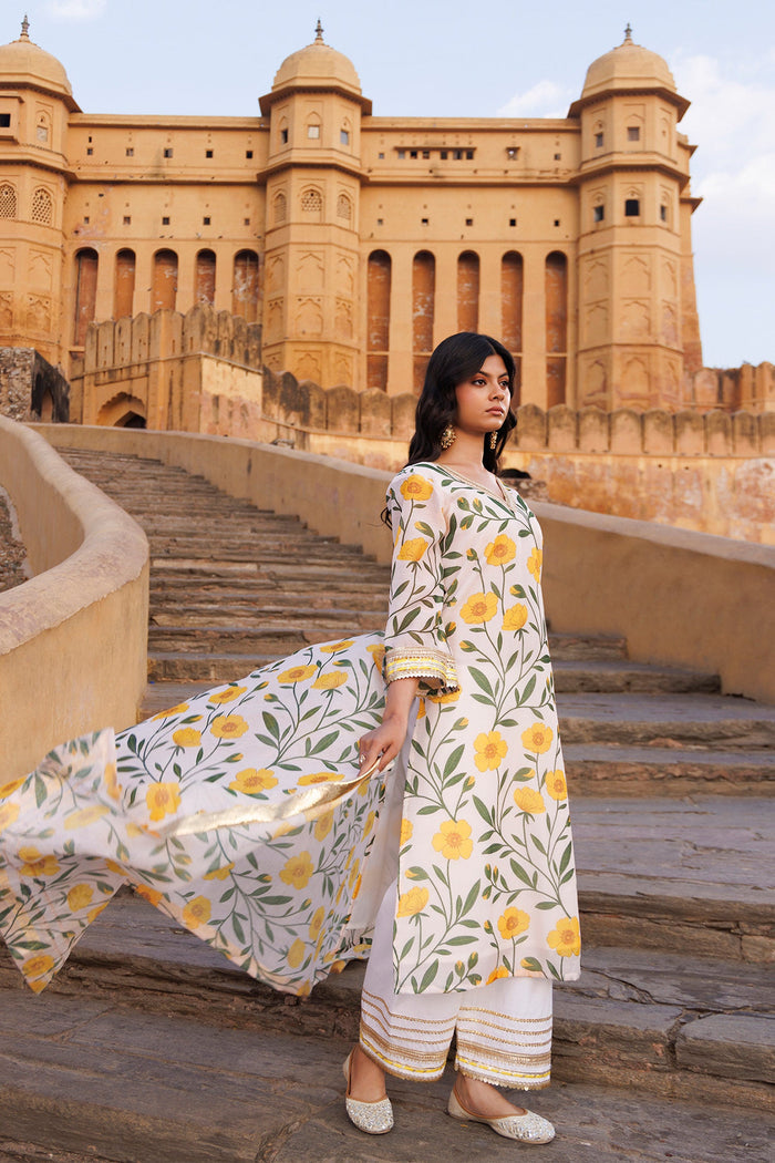 White Chanderi Kurta Set With Floral Prints