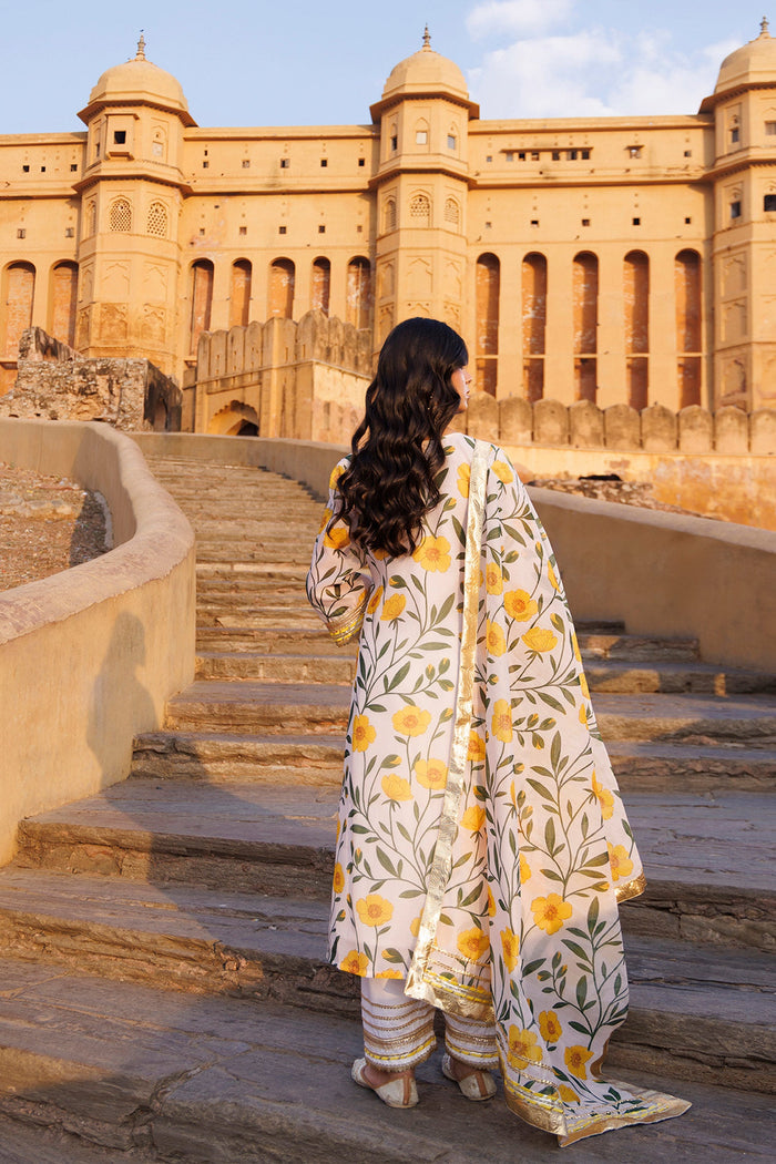 White Chanderi Kurta Set With Floral Prints