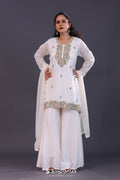 <img> White Chiffon Georgette Thread Embroidered Kurti Set