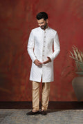 White Cotton Blend Embroidered Sherwani Set