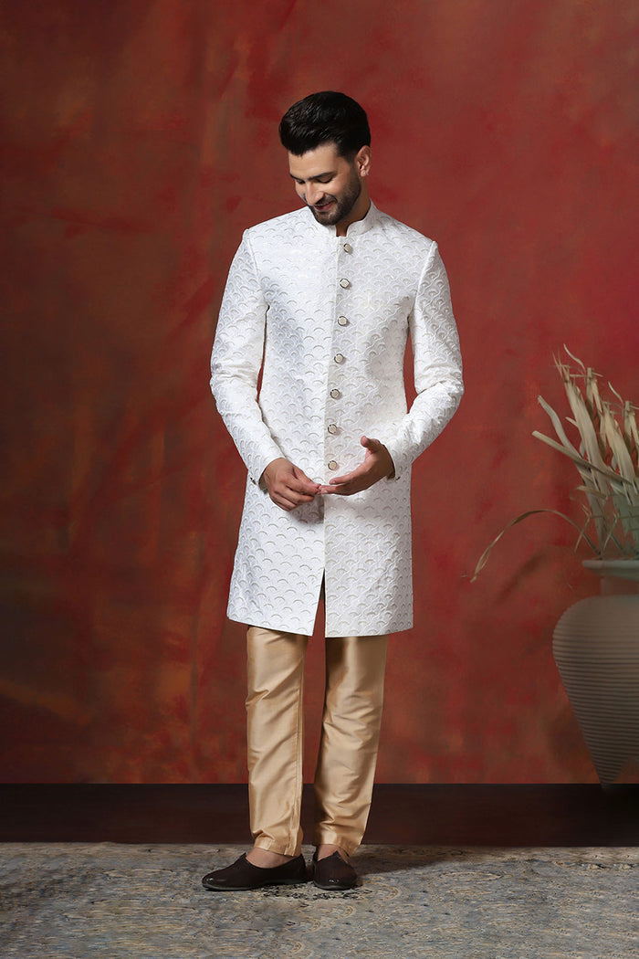 White Cotton Blend Embroidered Sherwani Set