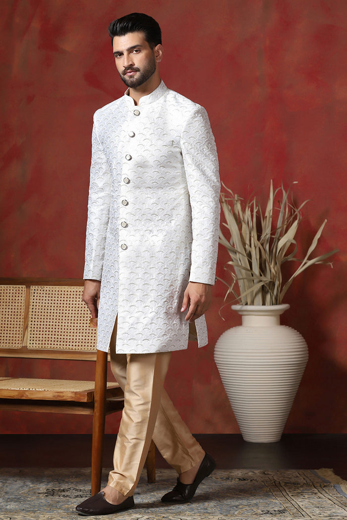 White Cotton Blend Embroidered Sherwani Set