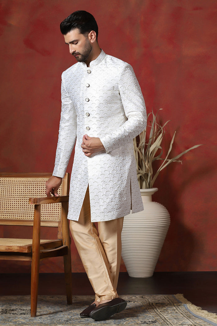 White Cotton Blend Embroidered Sherwani Set