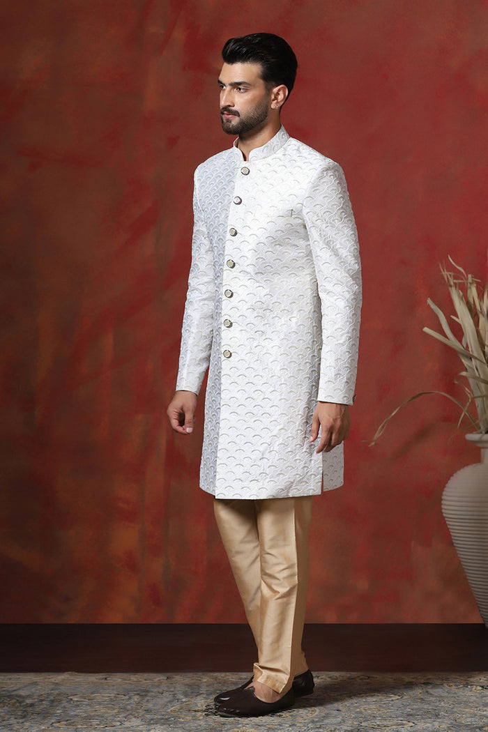 White Cotton Blend Embroidered Sherwani Set