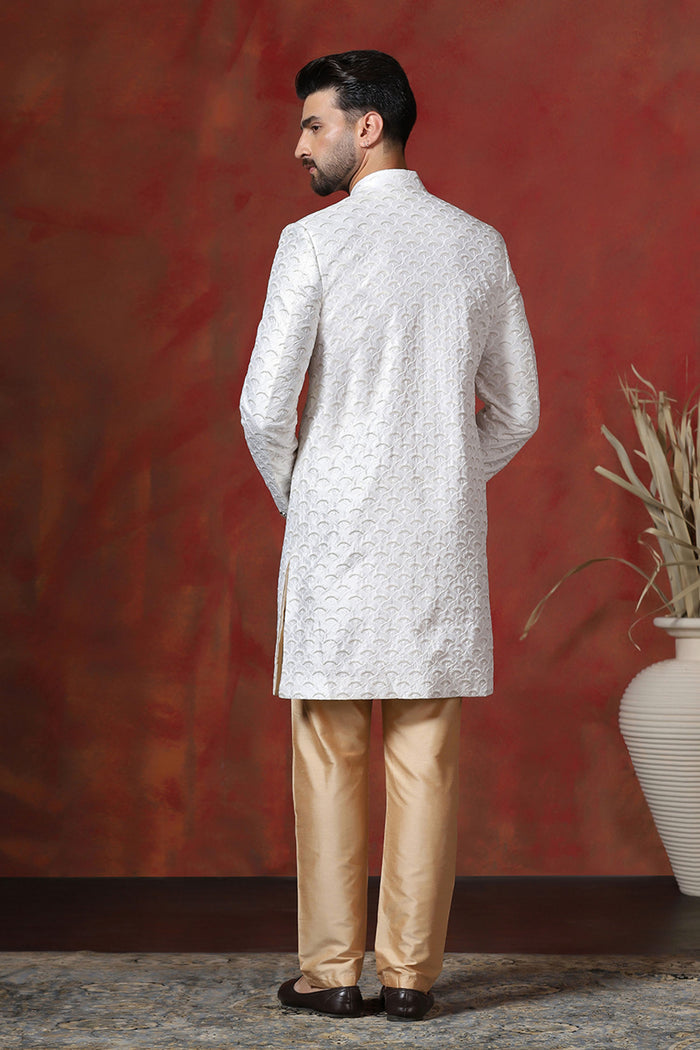 White Cotton Blend Embroidered Sherwani Set