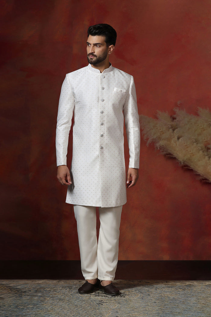 White Cotton Blend Printed Sherwani Set