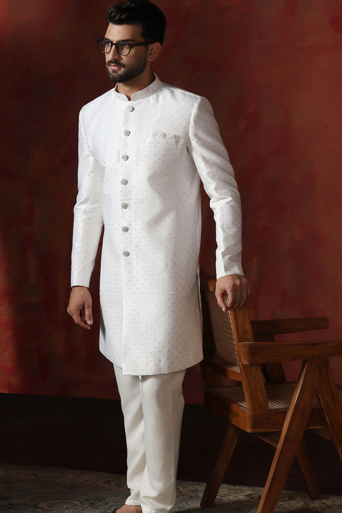 White Cotton Blend Printed Sherwani Set