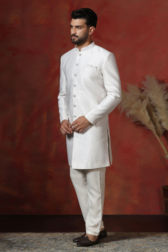White Cotton Blend Printed Sherwani Set