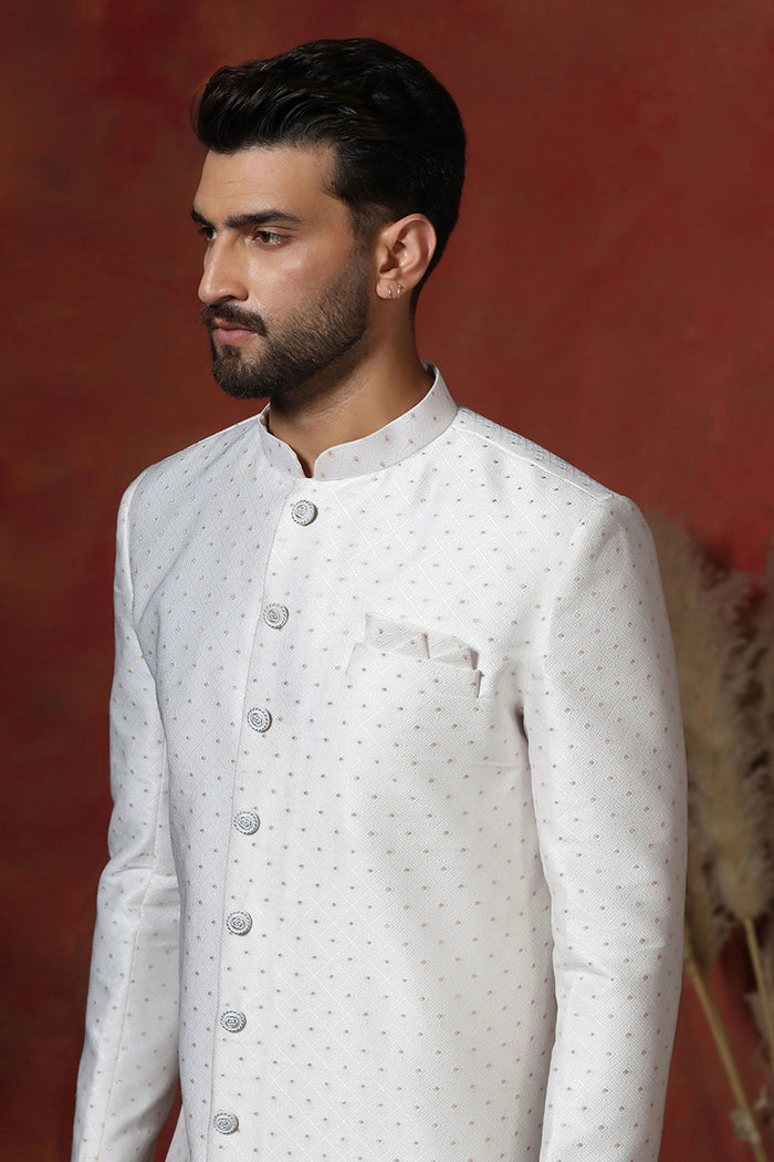 White Cotton Blend Printed Sherwani Set