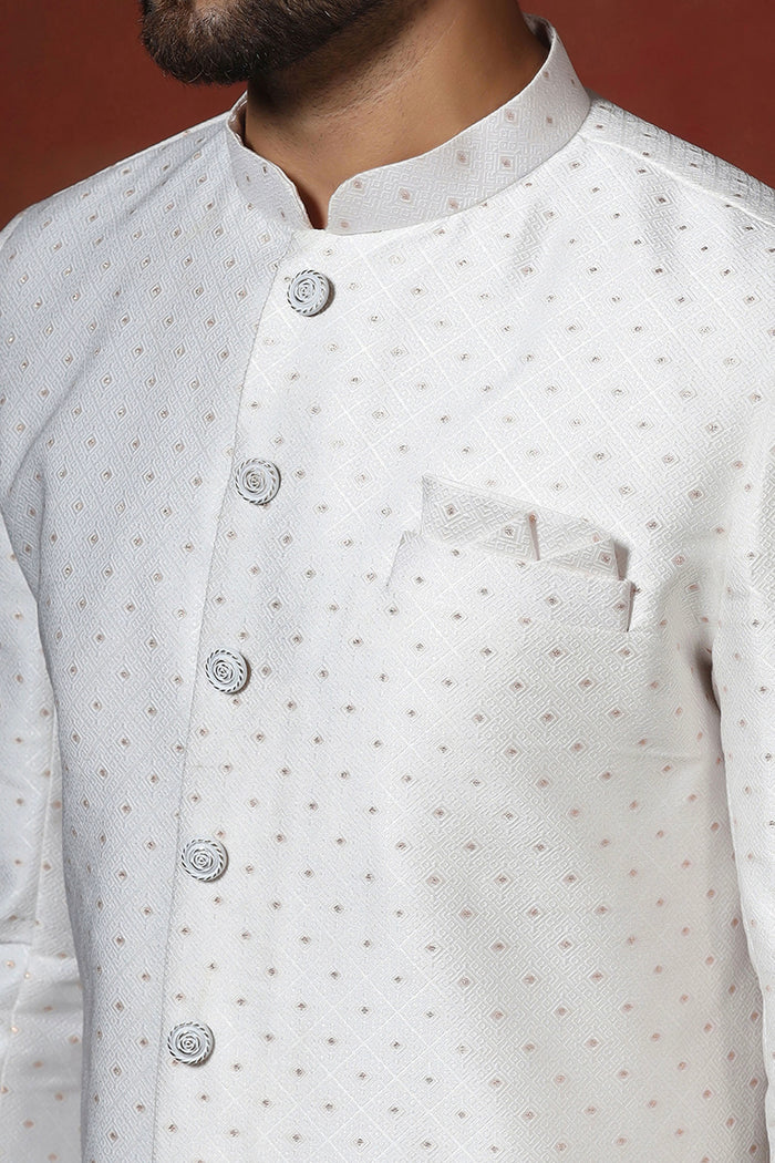 White Cotton Blend Printed Sherwani Set