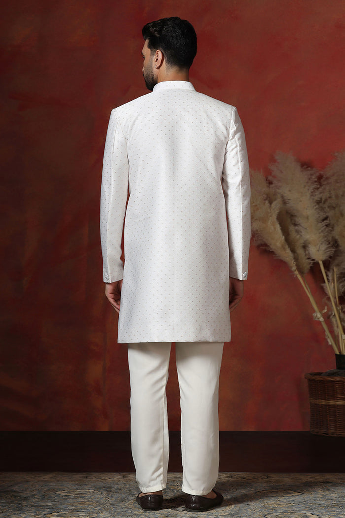 White Cotton Blend Printed Sherwani Set