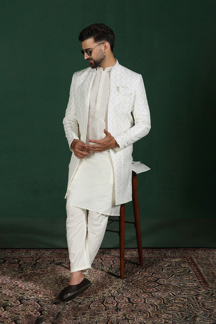 White Cotton Blend Solid Sherwani Set
