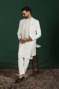White Cotton Blend Solid Sherwani Set