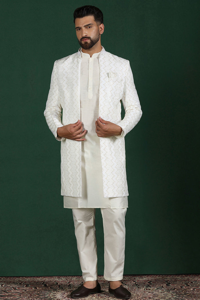 White Cotton Blend Solid Sherwani Set