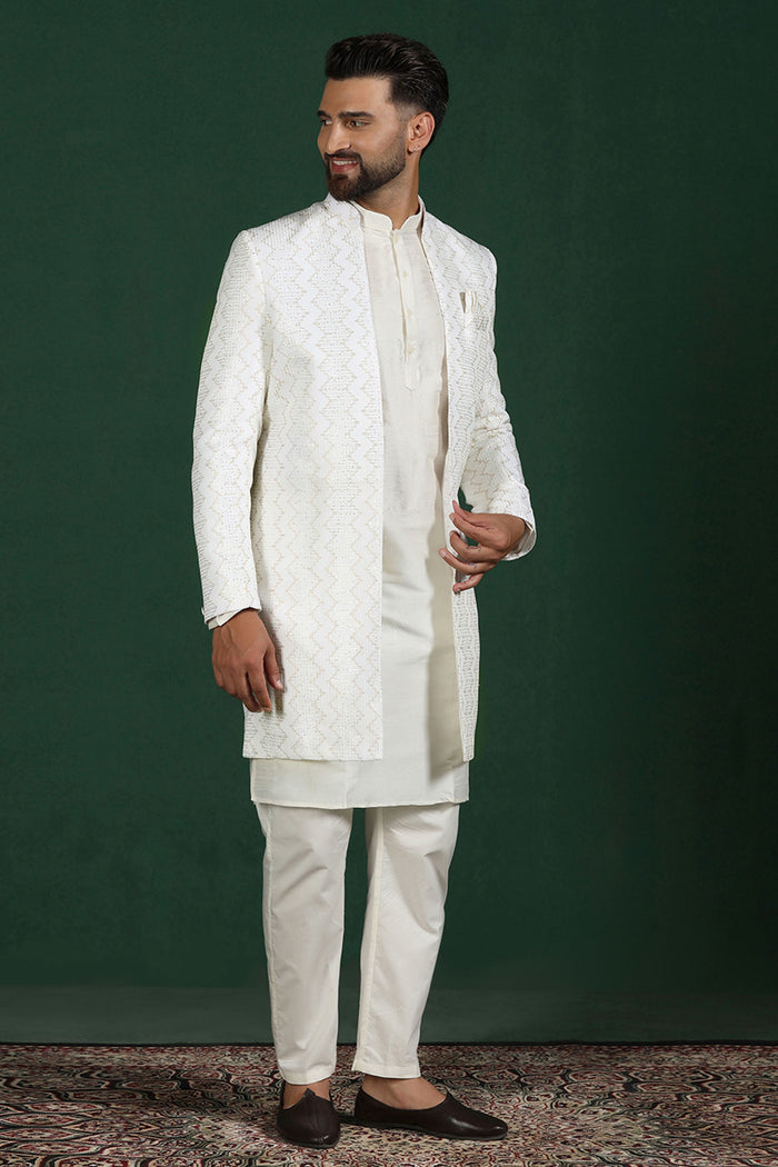 White Cotton Blend Solid Sherwani Set