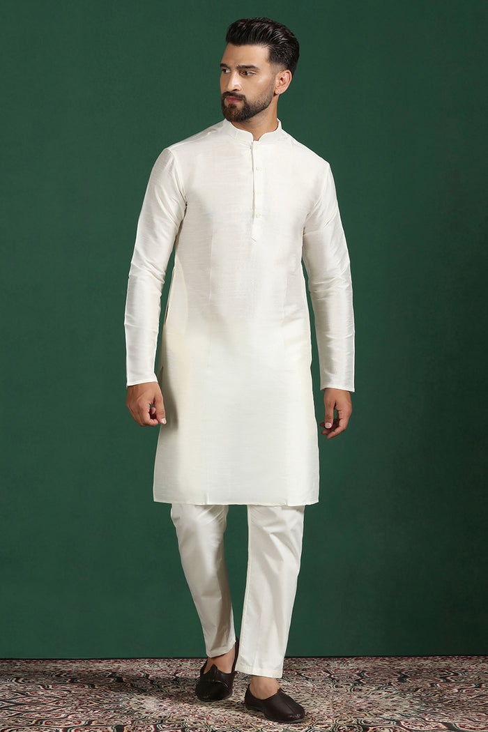 White Cotton Blend Solid Sherwani Set