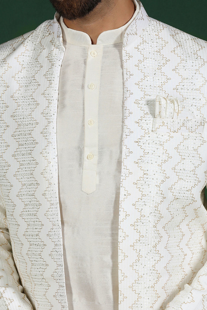White Cotton Blend Solid Sherwani Set