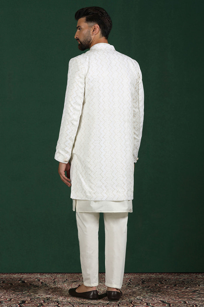 White Cotton Blend Solid Sherwani Set