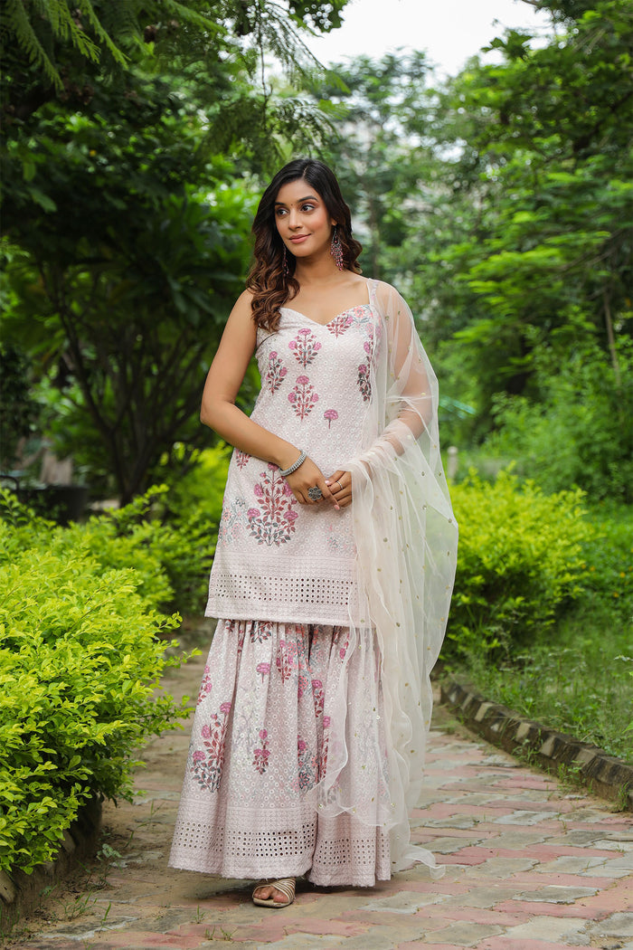 <img> White Cotton Floral Printed Sharara Set