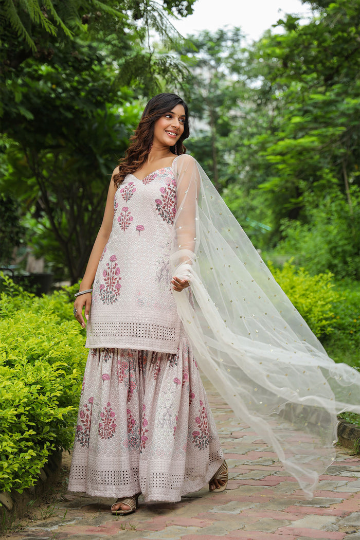 <img> White Cotton Floral Printed Sharara Set