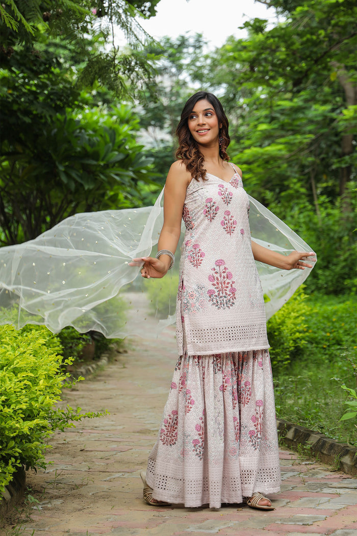 <img> White Cotton Floral Printed Sharara Set