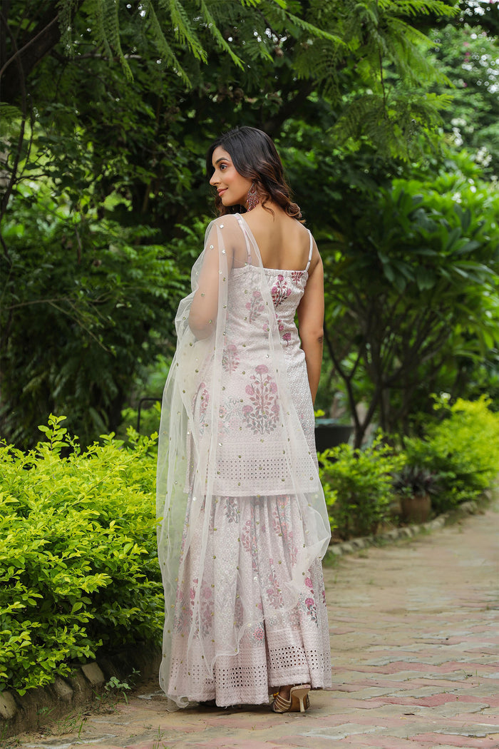 <img> White Cotton Floral Printed Sharara Set