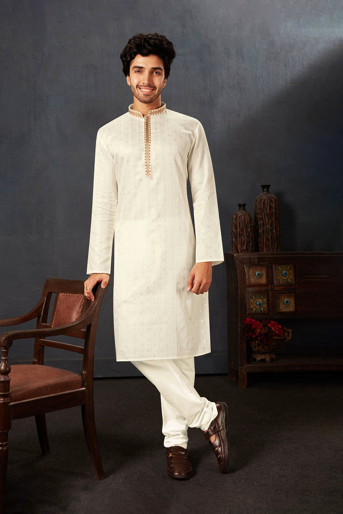 White Cotton Kurta Set With Embroidered Neck