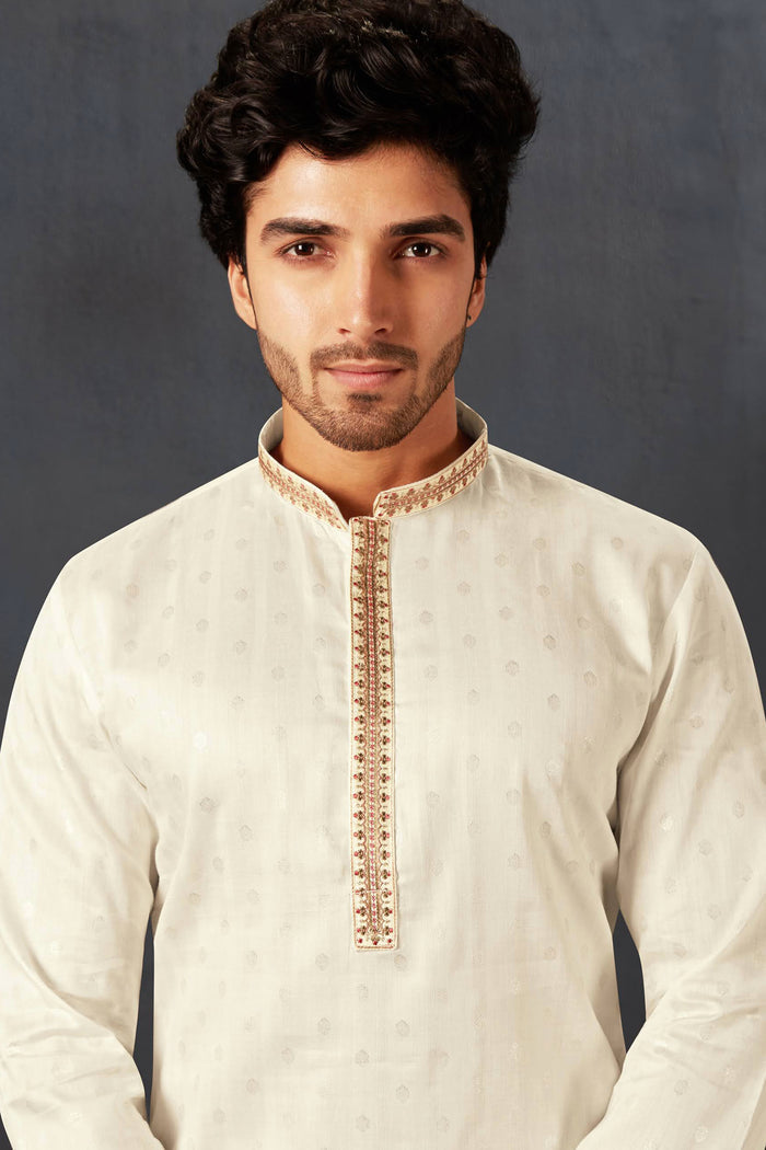 White Cotton Kurta Set With Embroidered Neck