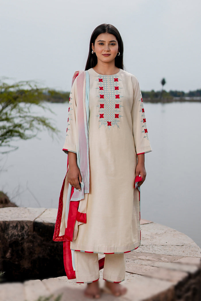 White Cotton Kurta Set With Hand Embroidery
