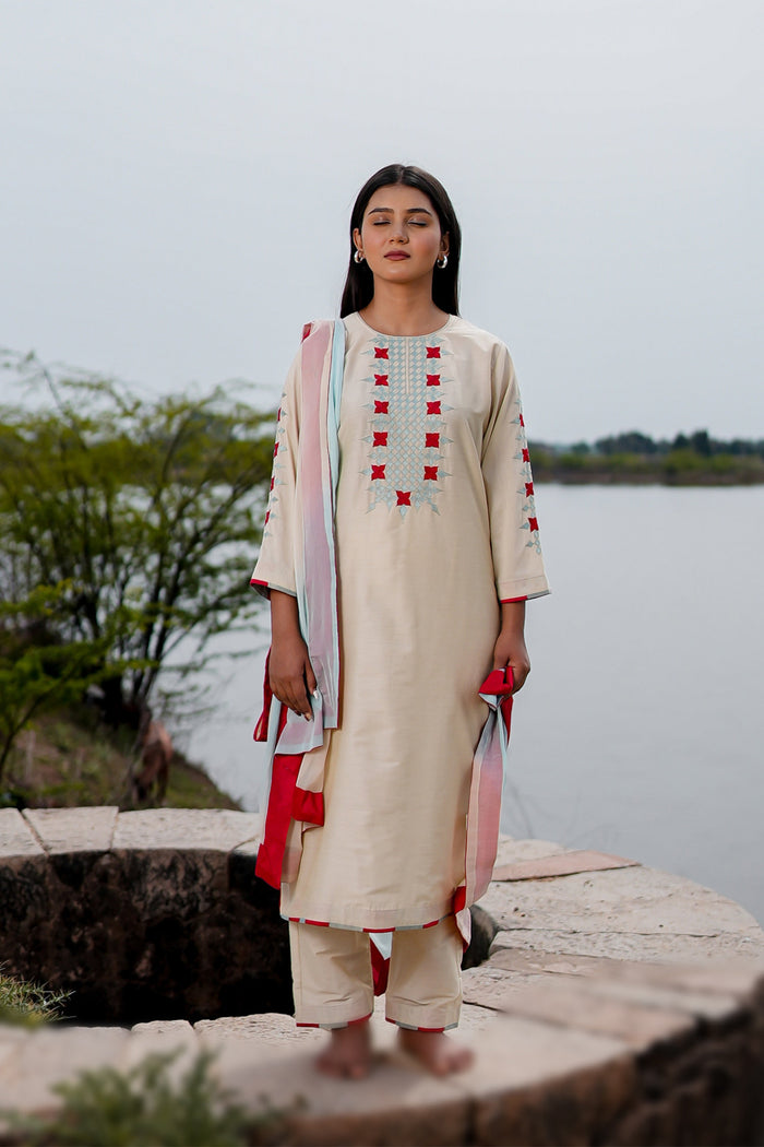 White Cotton Kurta Set With Hand Embroidery