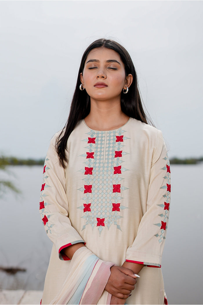 White Cotton Kurta Set With Hand Embroidery