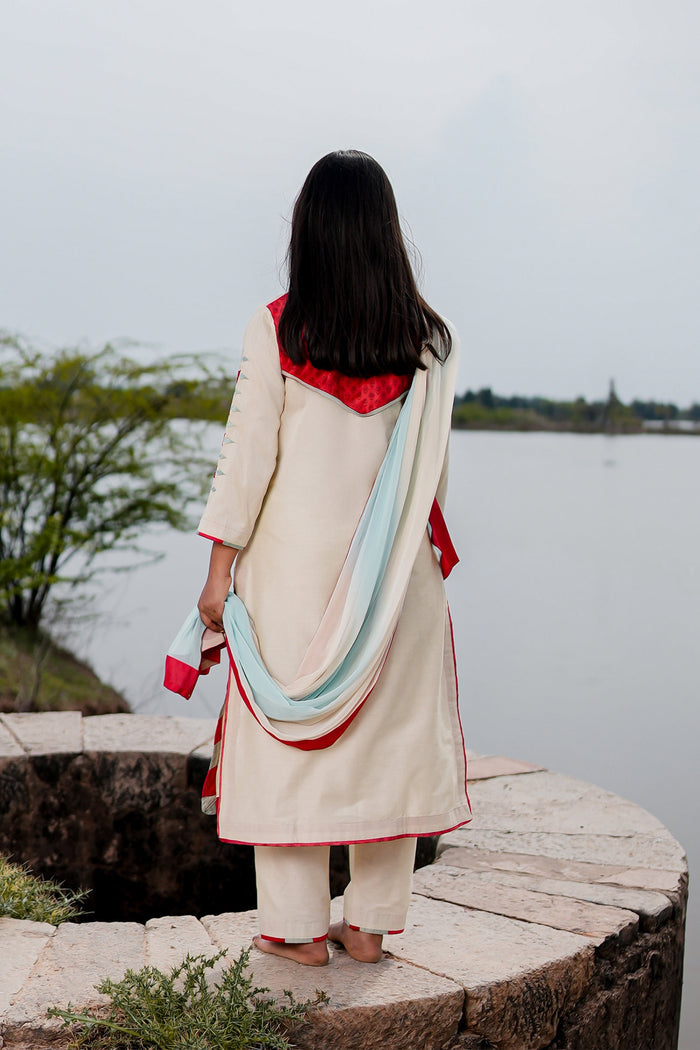 White Cotton Kurta Set With Hand Embroidery