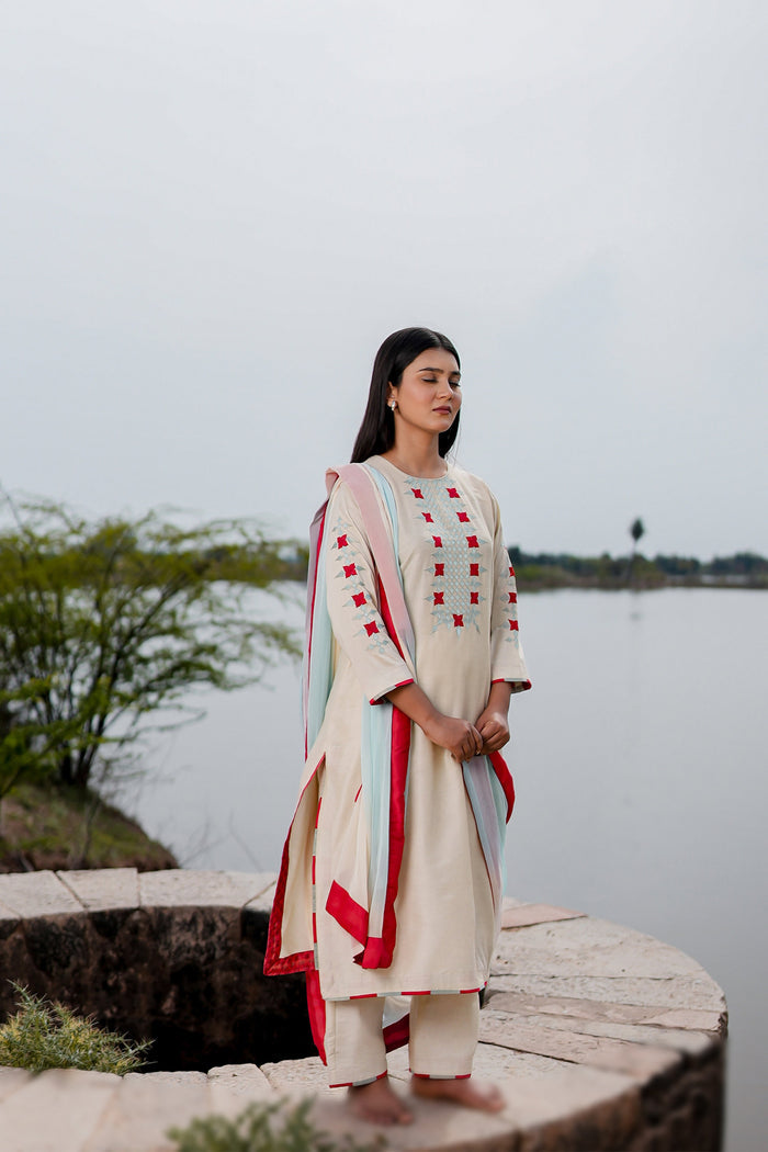 White Cotton Kurta Set With Hand Embroidery
