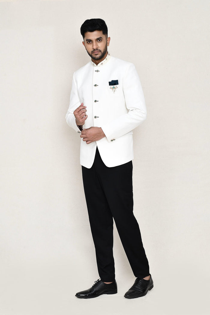 White Cotton Linen Prince Coat With Pant