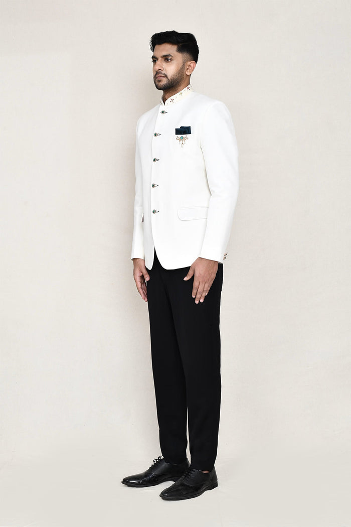 White Cotton Linen Prince Coat With Pant