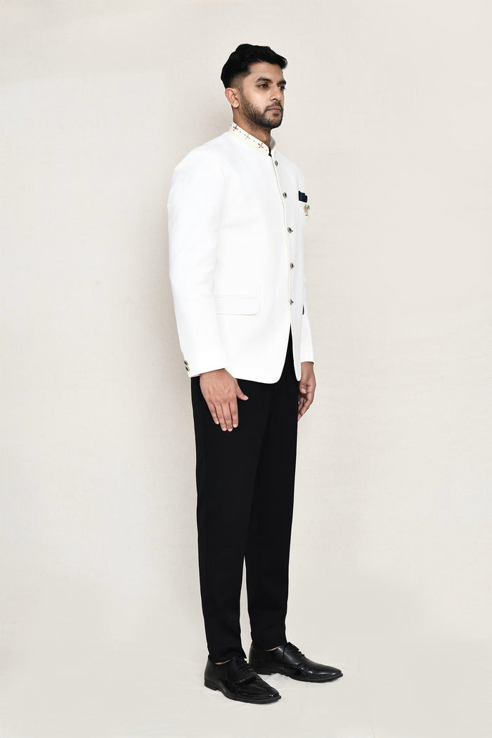 White Cotton Linen Prince Coat With Pant