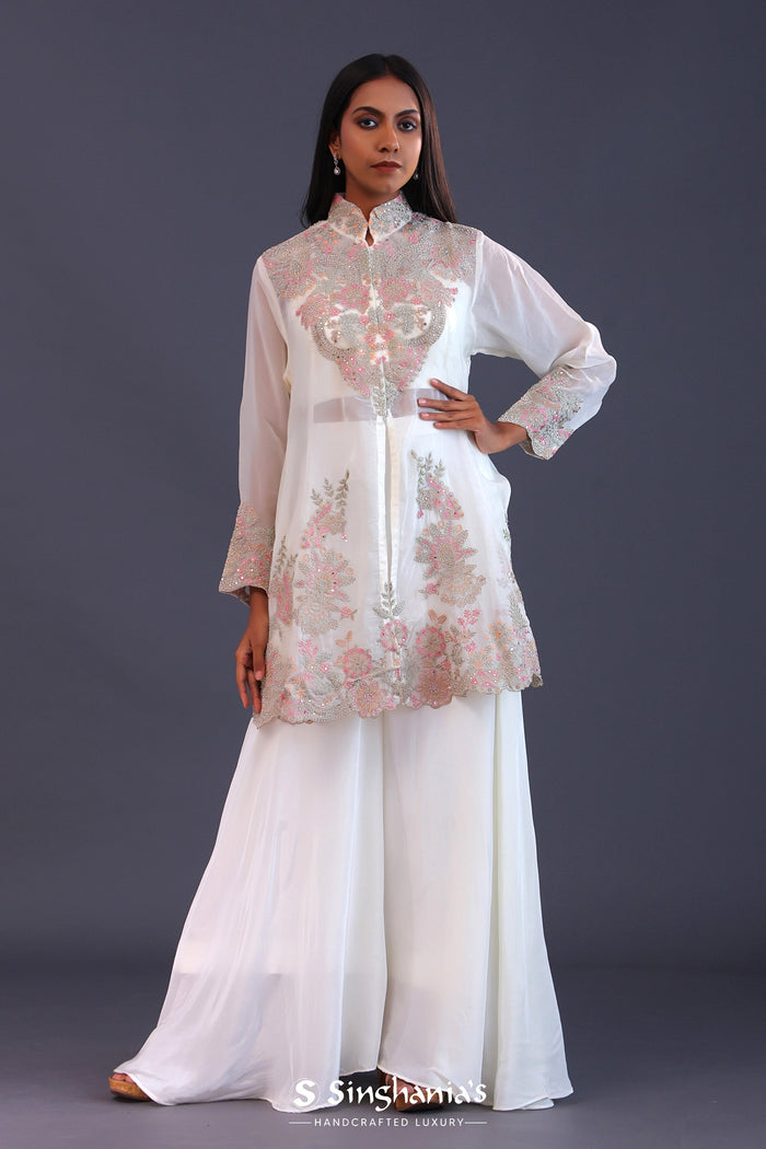 White Crepe Silk Jacketed Indo-Western Set