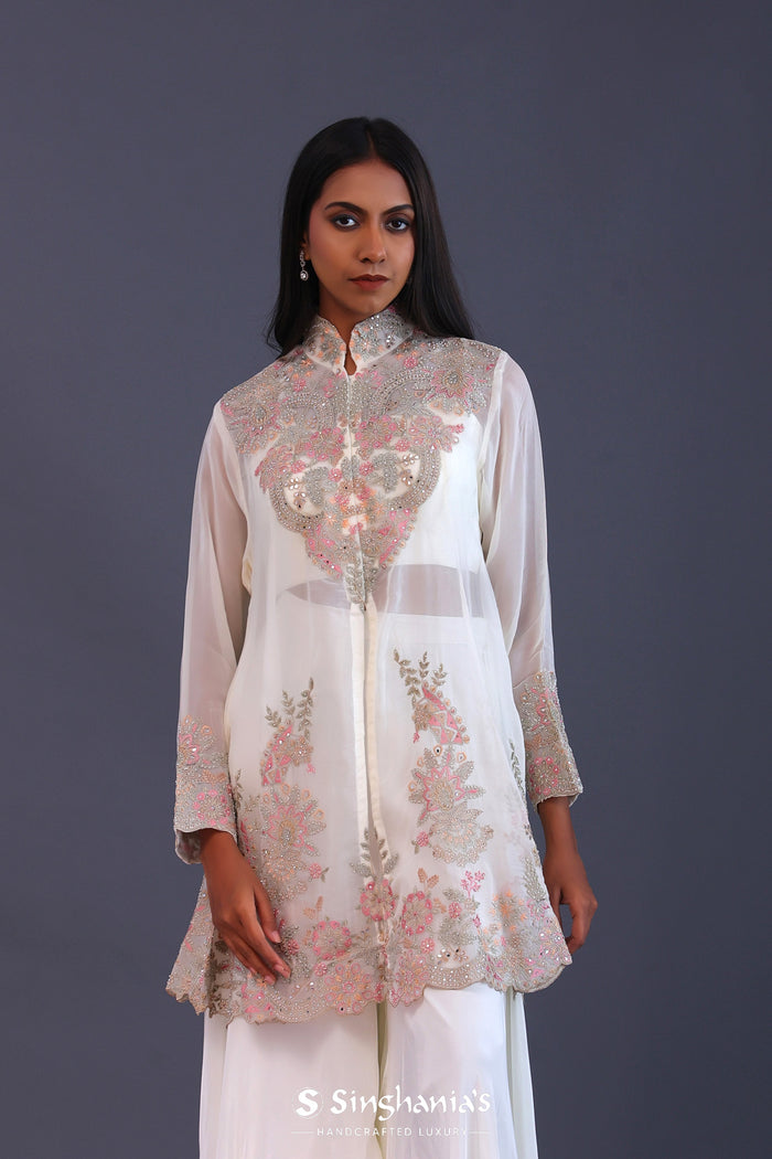 White Crepe Silk Jacketed Indo-Western Set