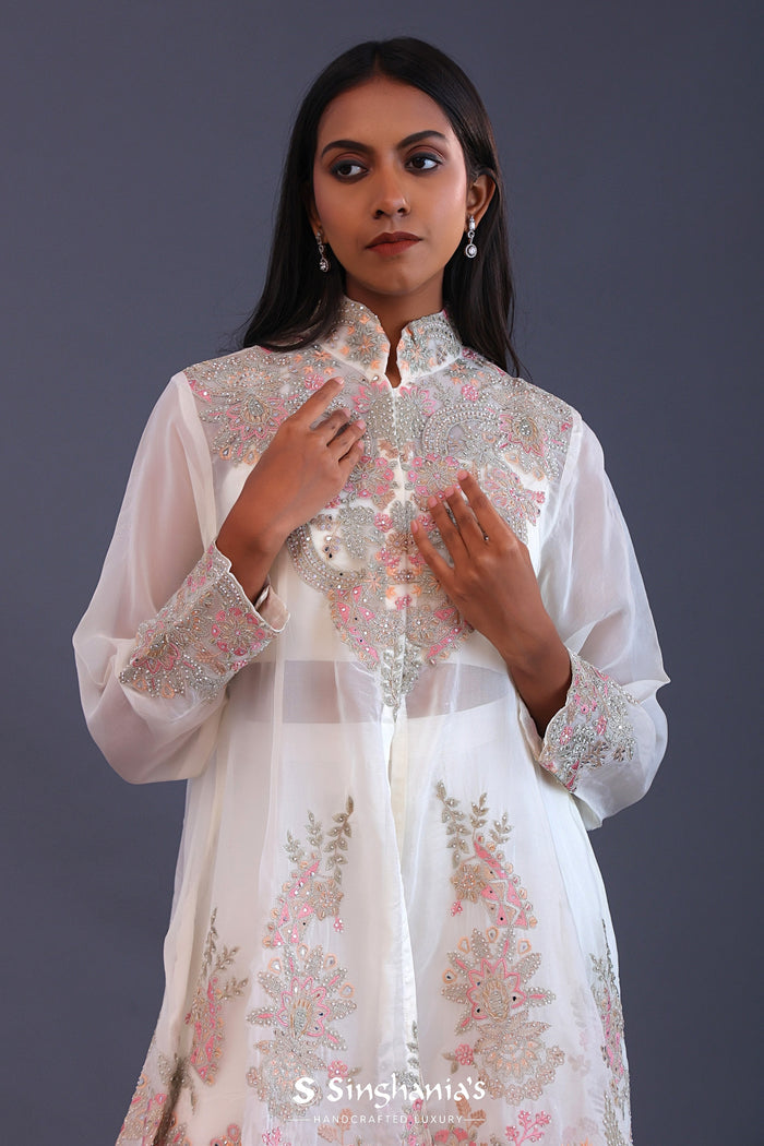White Crepe Silk Jacketed Indo-Western Set