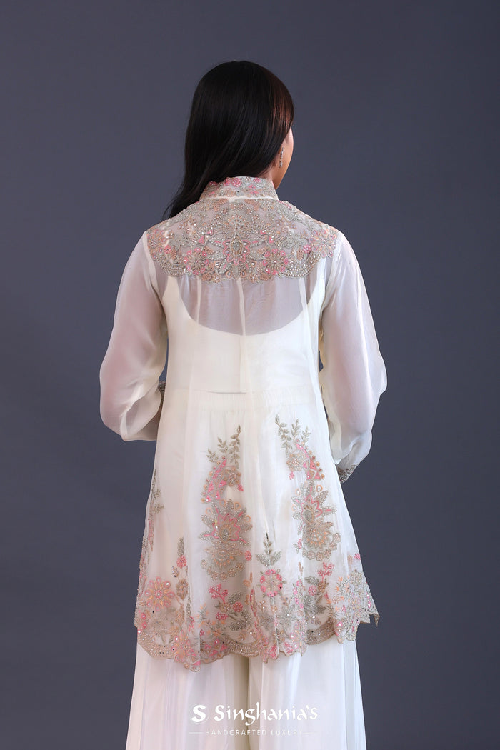 White Crepe Silk Jacketed Indo-Western Set