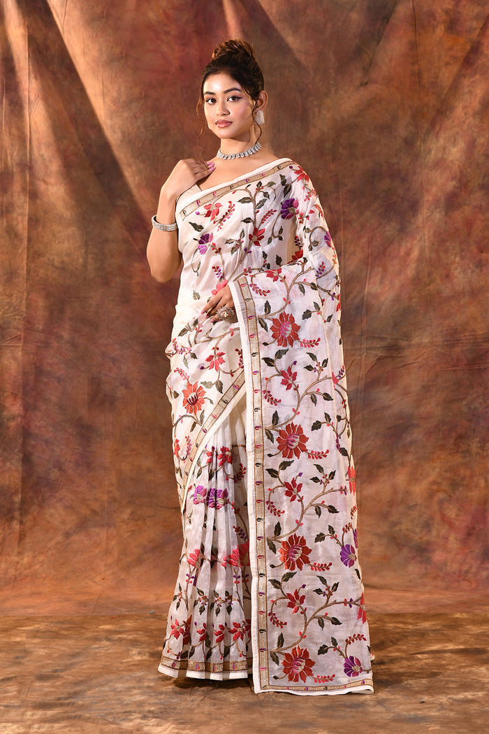 White Embroidered Tissue Silk Saree
