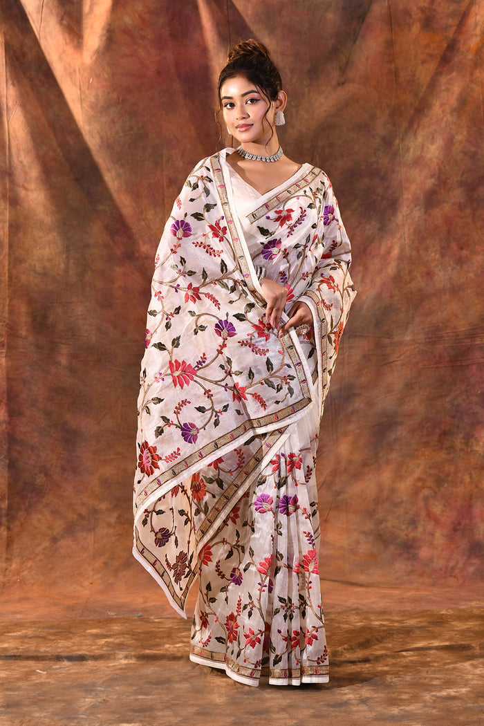 White Embroidered Tissue Silk Saree