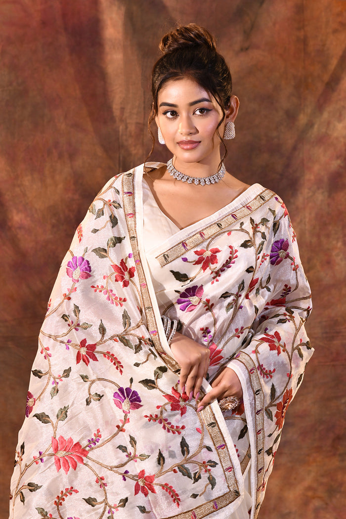 White Embroidered Tissue Silk Saree