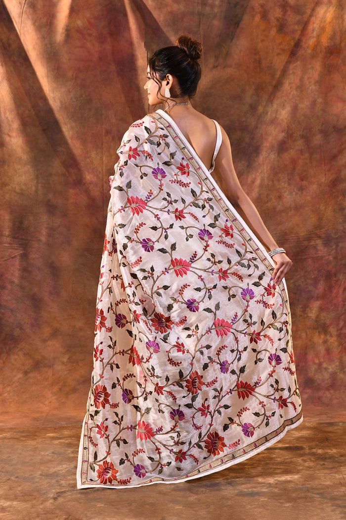 White Embroidered Tissue Silk Saree
