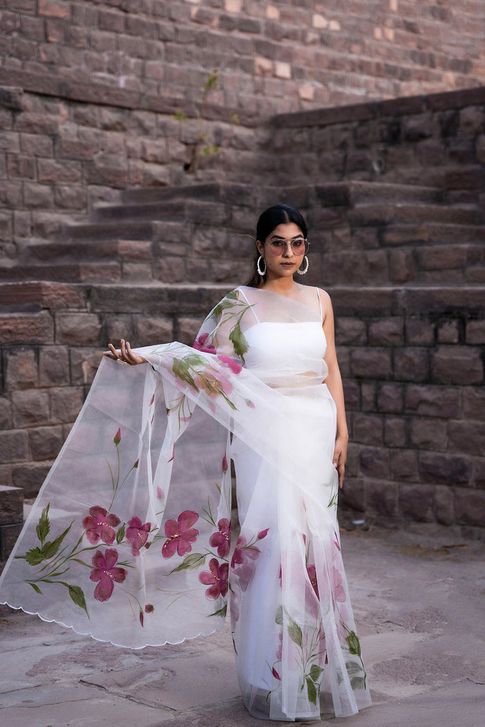 <img> White Floral Painted Organza Saree