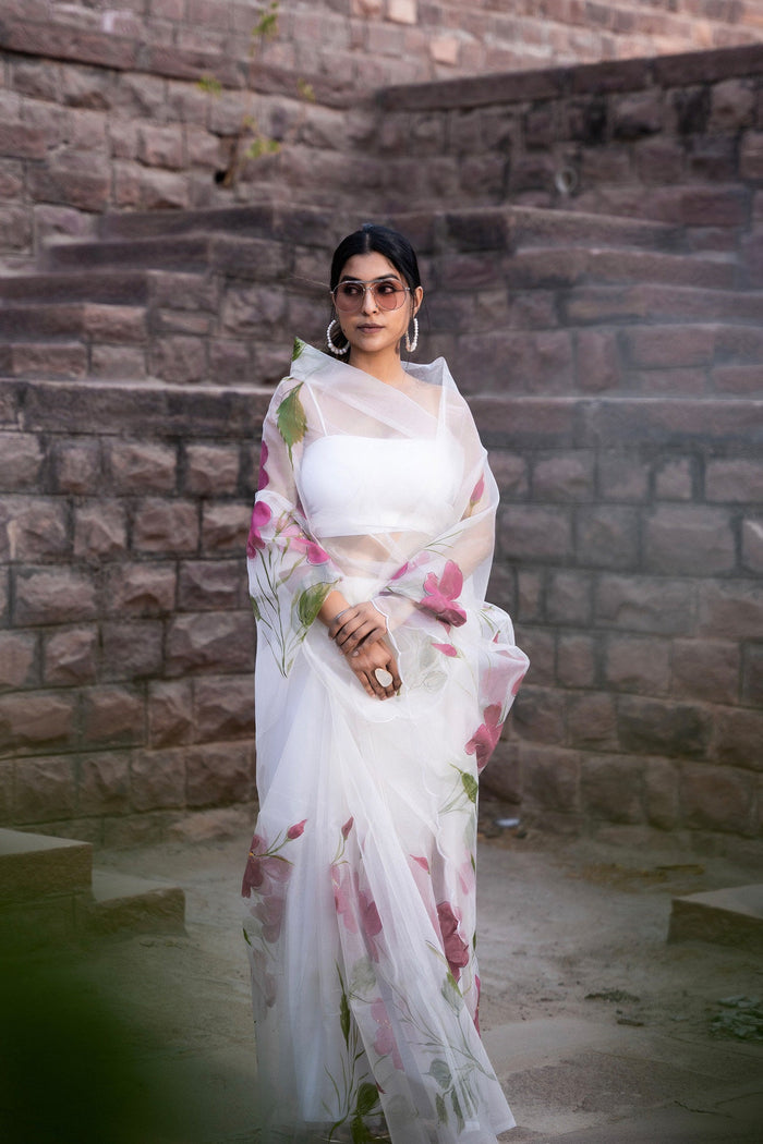 <img> White Floral Painted Organza Saree