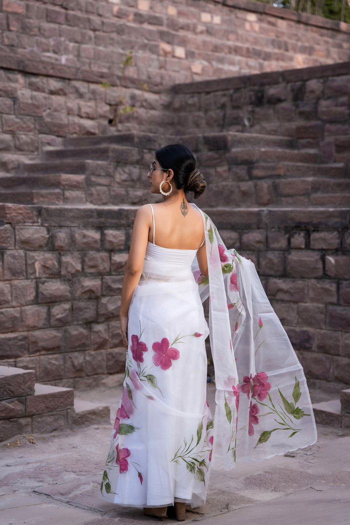 <img> White Floral Painted Organza Saree