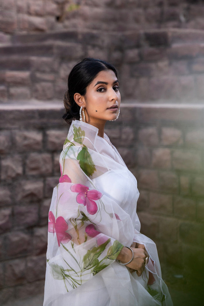 <img> White Floral Painted Organza Saree
