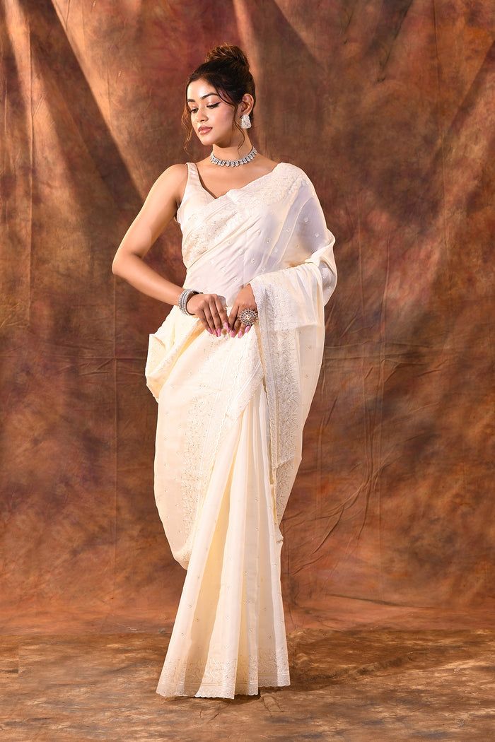 White Floral Silk Blend Saree