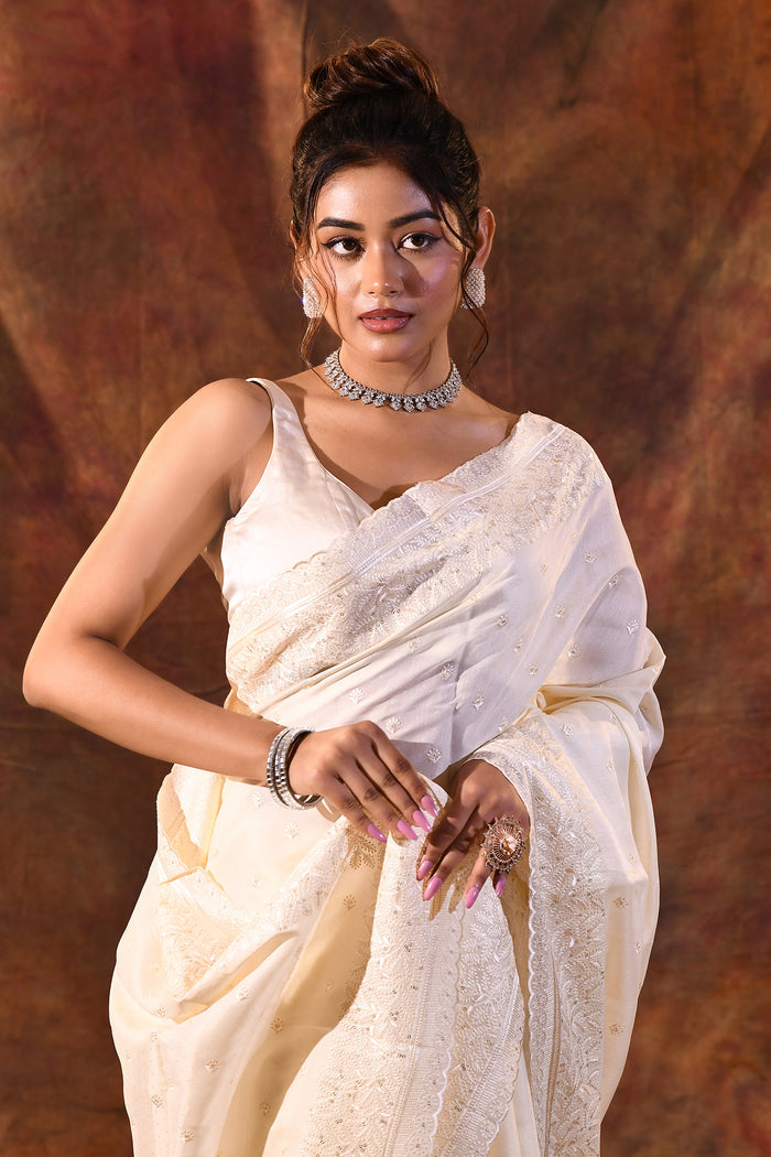 White Floral Silk Blend Saree